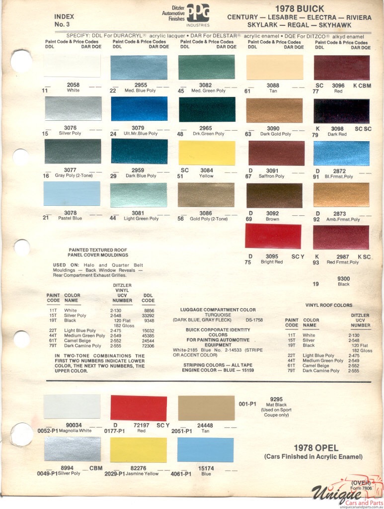 1978 Buick And Opel Paint Charts PPG 1